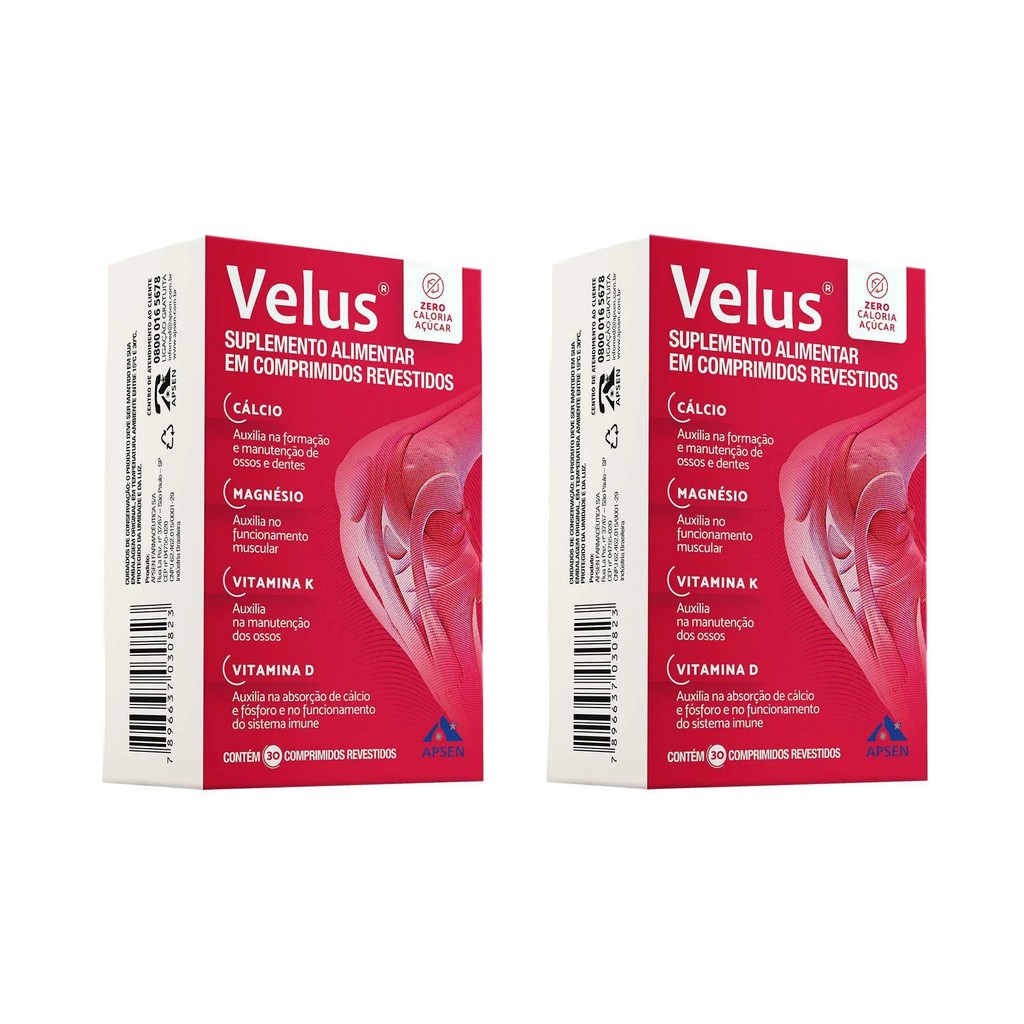 Kit 2 Suplemento Apsen Velus Cálcio Magnésio Vitamina K 30cp