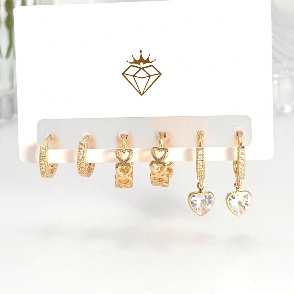 Kit 3 pares brincos da moda, elegantes brincos com pingente de zircônia em forma de coração em Oferta na Shopee