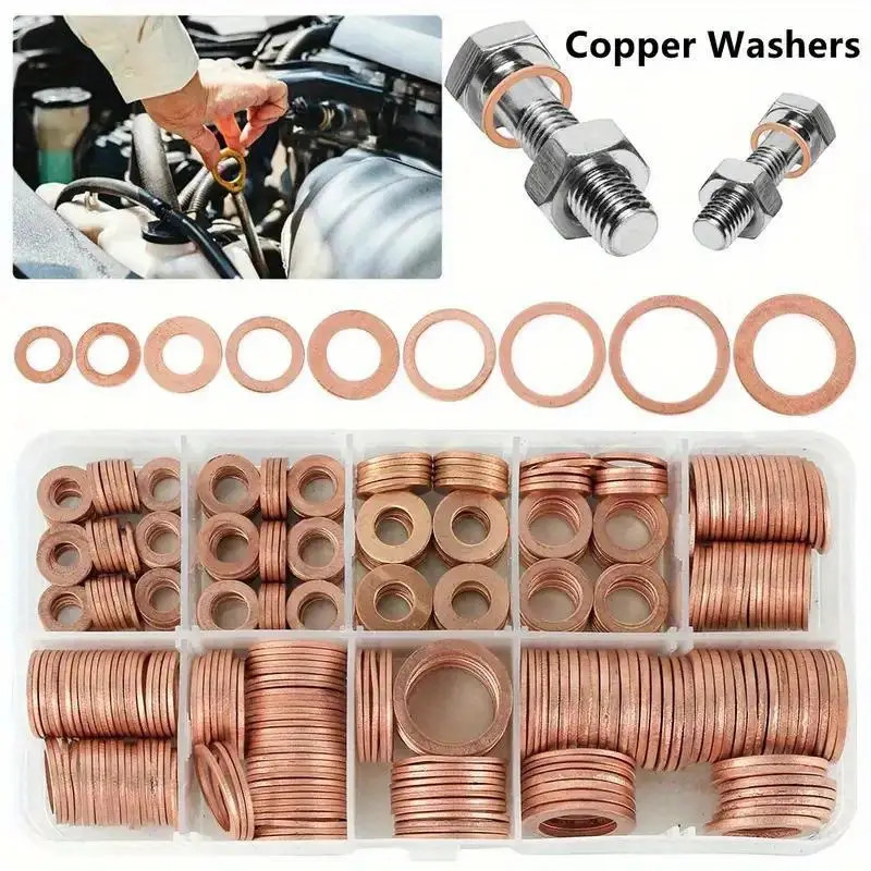 Conjunto De Junta De Arruela De Cobre , 200 Peças-Kit De Vedação De Anel Plano Sortido Para Reparos De Automóveis , Plug em Oferta na Shopee