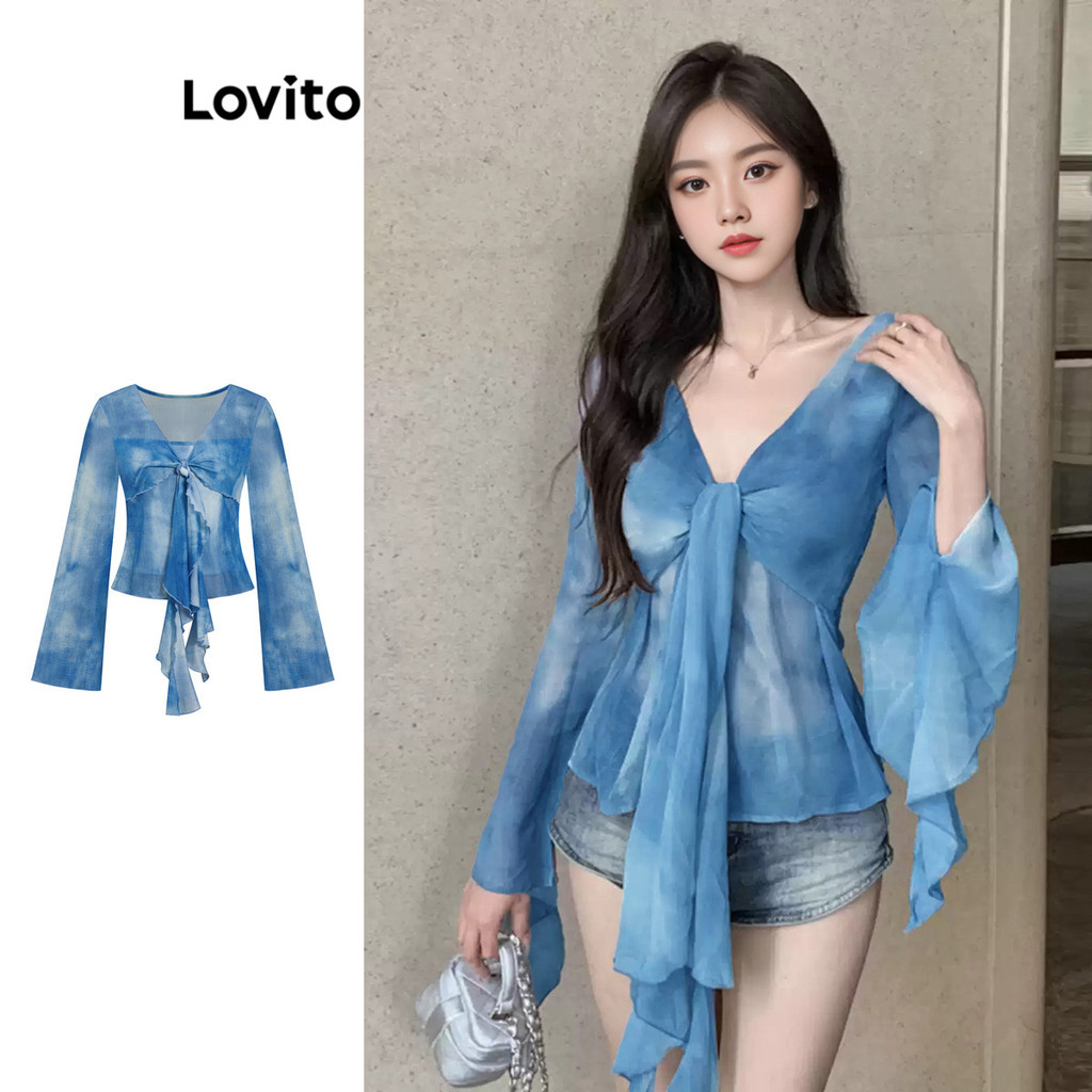 Lovito Blusa Glamourosa Tie Dye Contraste Malha Frontal Babado Blusa Feminina L106AD939 - Women Clothes