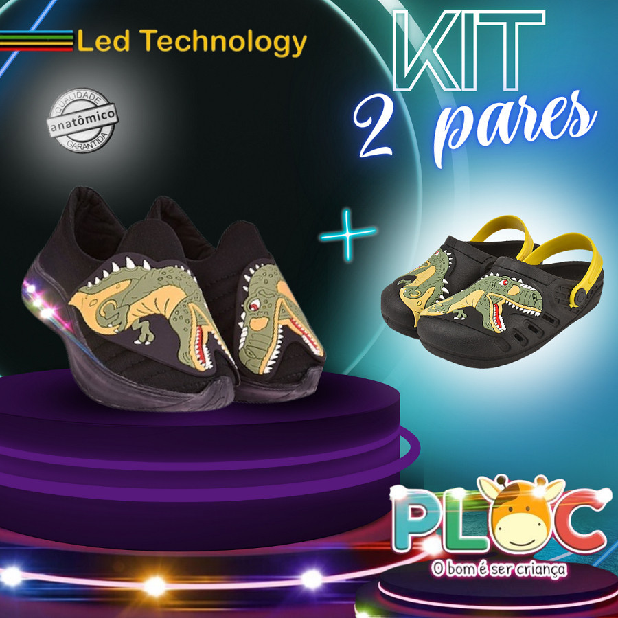 KIT 2 PARES PLOC - 1 TÊNIS LED + 1 BABUCHE DINO (Bab39 Dino Rex - Preto + LED39 - PRETO DINOSAURO REX)