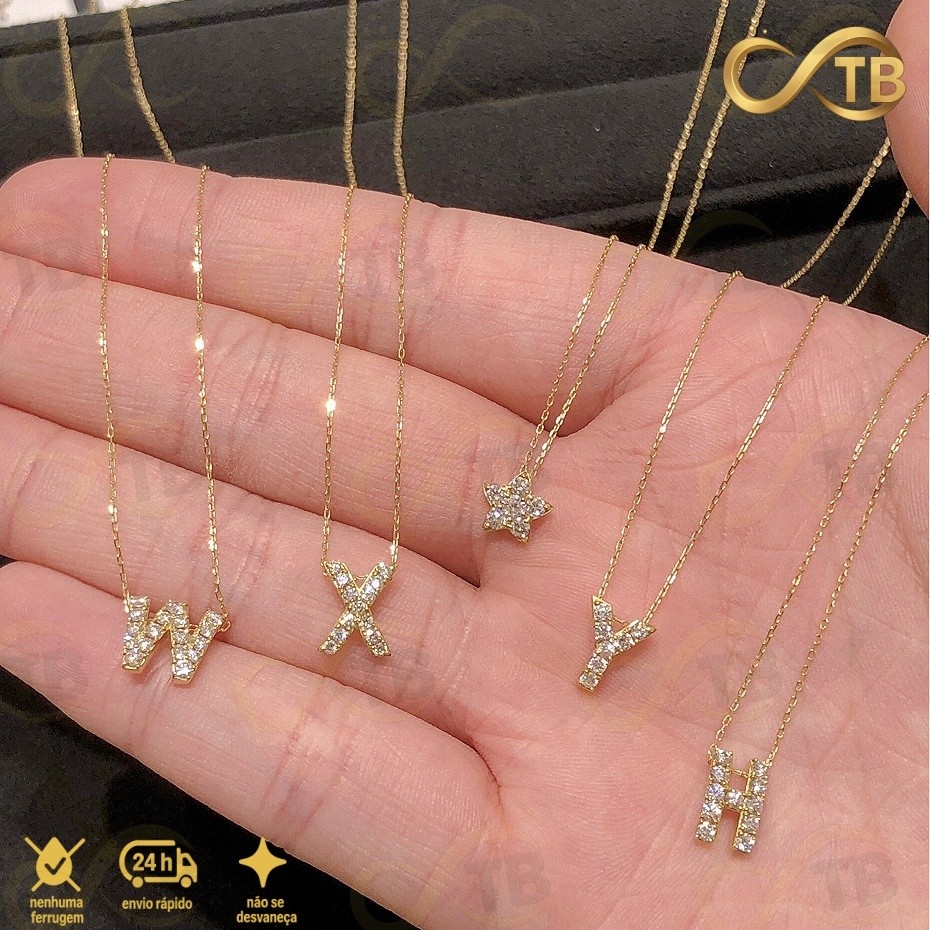 TB Moda Colar Feminina Elegante com Letra de AZ Brilhando em Diamante Presente Luxuoso para Mulheres
