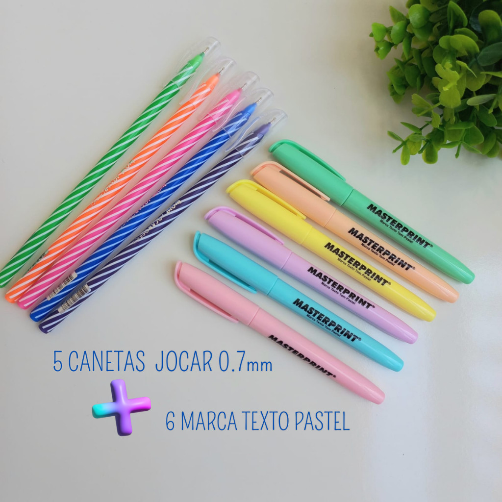 Kit 5 Caneta Esferográficas 0.7 Jocar + 6 Canetas Marca Texto Neon ou Pastel Masterprint