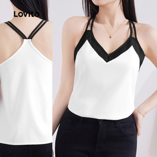 Lovito Regata Casual com Gola Contrastante, Bloco de Cores, Verão, Preta e Branca para Mulheres L132ED598 em Oferta na Shopee