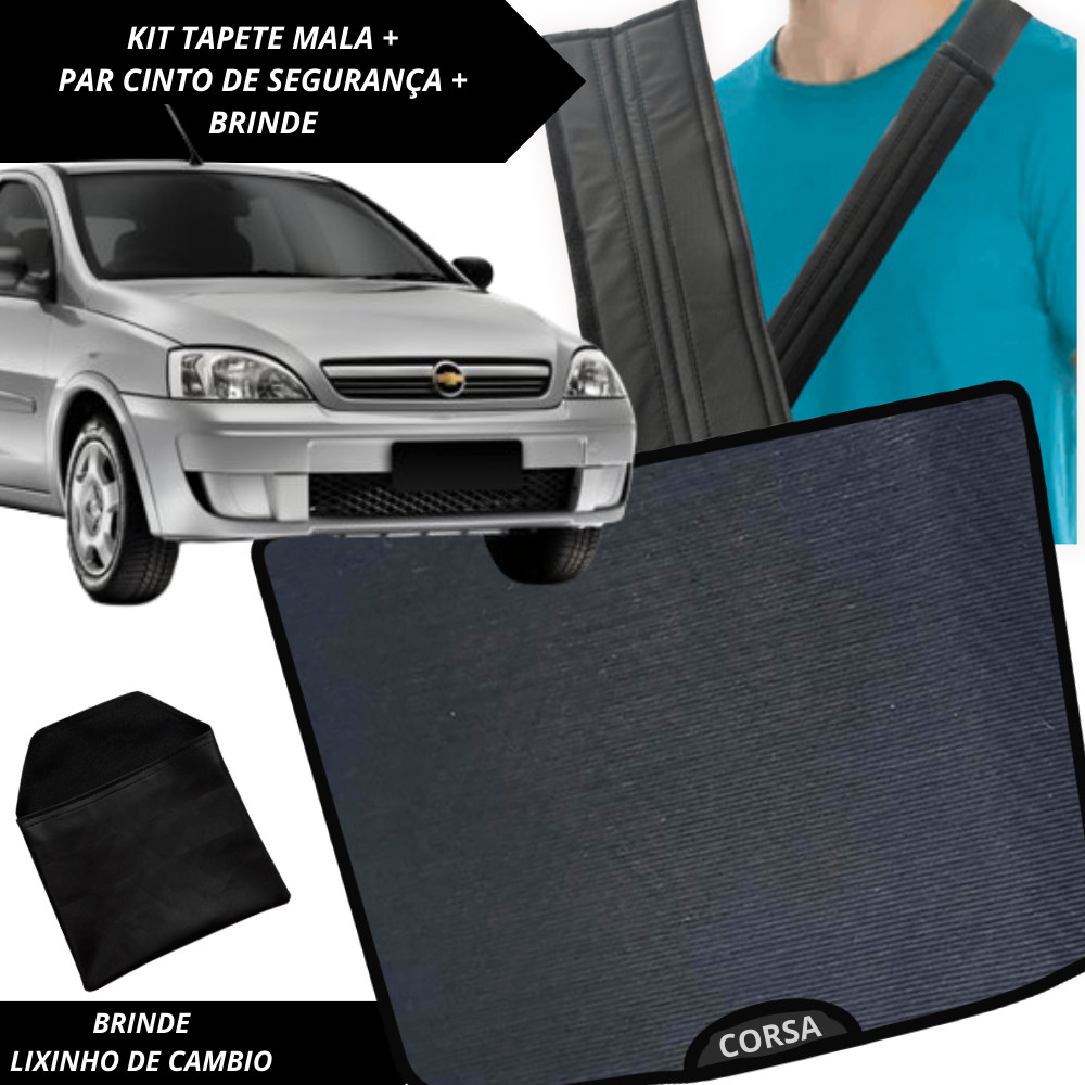Tapete Emborrachado Porta Malas Corsa Hatch 2003 a 2012 + 2 Capas Cinto Segurança Acessório Carro