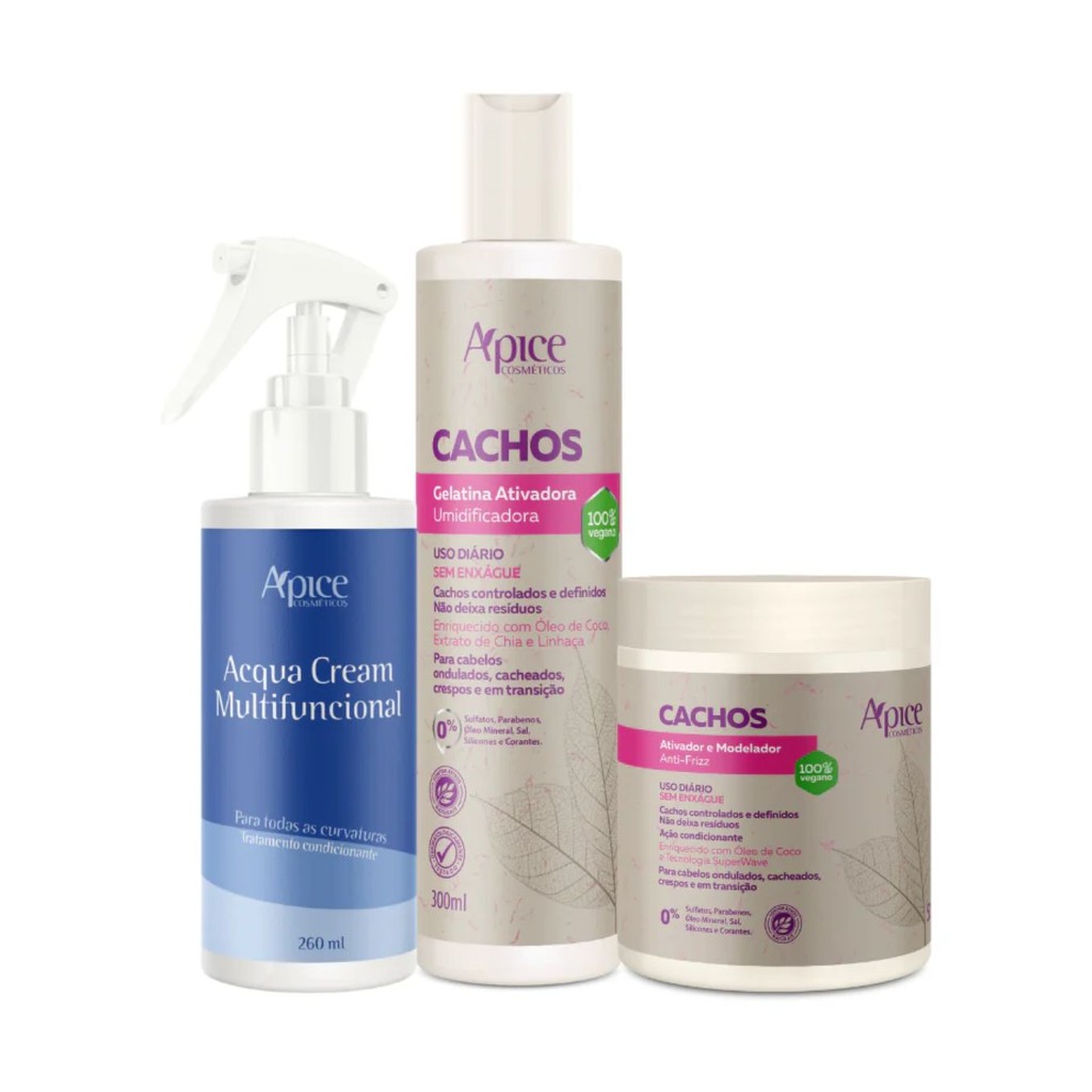 Kit Ativador De Cachos 500g, Gelatina Ativadora 300ml e Acqua Cream 260ml Apice