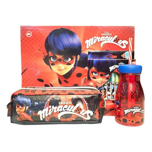 Kit Escolar Miraculous Ladybug - Estojo, Garrafa, Canetinha 12 cores e Maleta