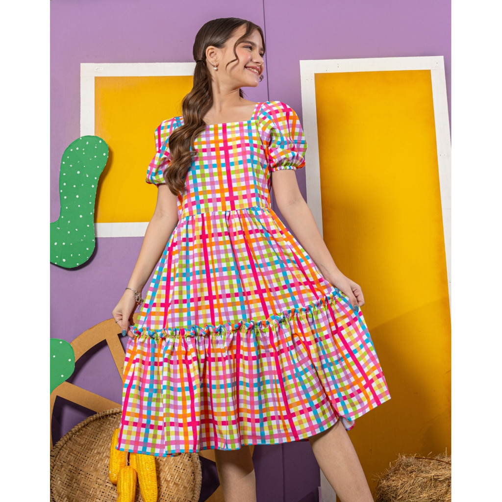 Vestido Lara Quadriculado Infantil Juvenil Roupa Menina tam. 4, 6, 8, 10, 12, 14, 16 Festa Junina