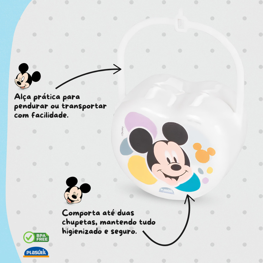 Estojo Porta Chupeta Plasutil Baby Mickey Guarda Bico Creche Limpeza Acessório Higiene BB Enxoval