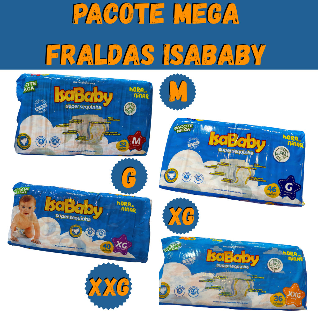 Fralda Infantil Super Sequinha Mega M G XG XXG Fecho Ajustável Hipoalergênico Pacote Grande Proteção Prolongada IsaBaby em Oferta na Shopee