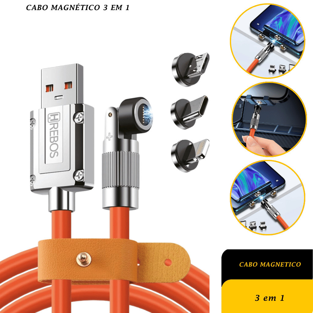 Cabo Usb 3 em 1 Tipo C V8 Ios Turbo Armor Pro Magnético 120w Reforçado Hs 567 Hrebos