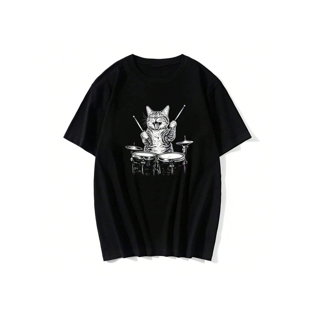 [Camiseta Premium em Algodão Puro]GXG Camiseta Gato Baterista Unissex Masculino Feminino Algodão Top Premium Streetwear 