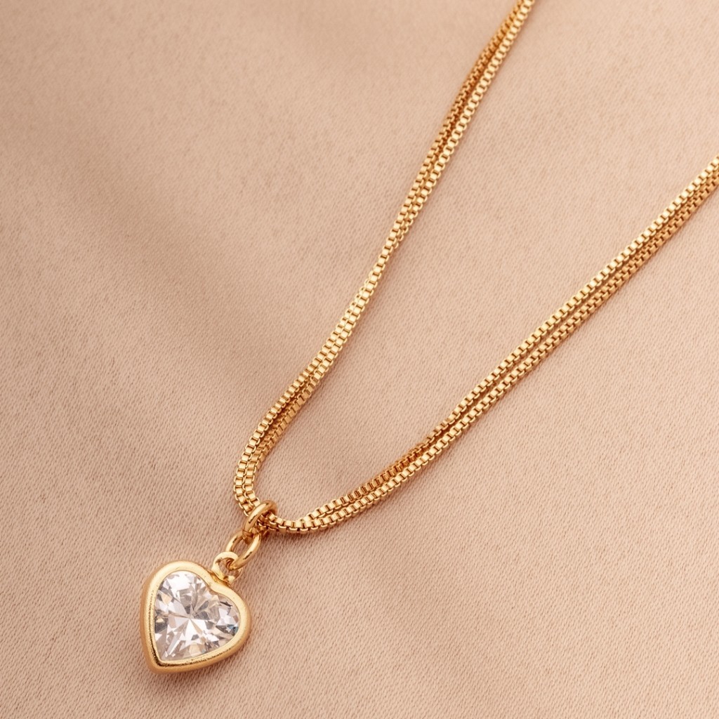 Colar Feminino Coração Com Zircônia Brilhante Corrente Veneziana Dupla Presente Banho De Ouro 18k
