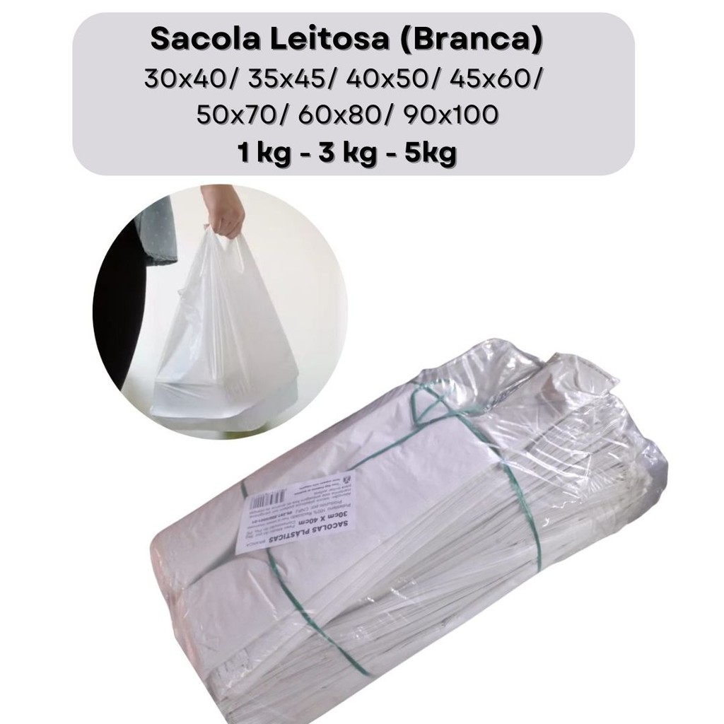 Sacola Plástica Reforçada Branca 1kg - 3kg - 5kg sacola alça camiseta leitosa Mercado delivery