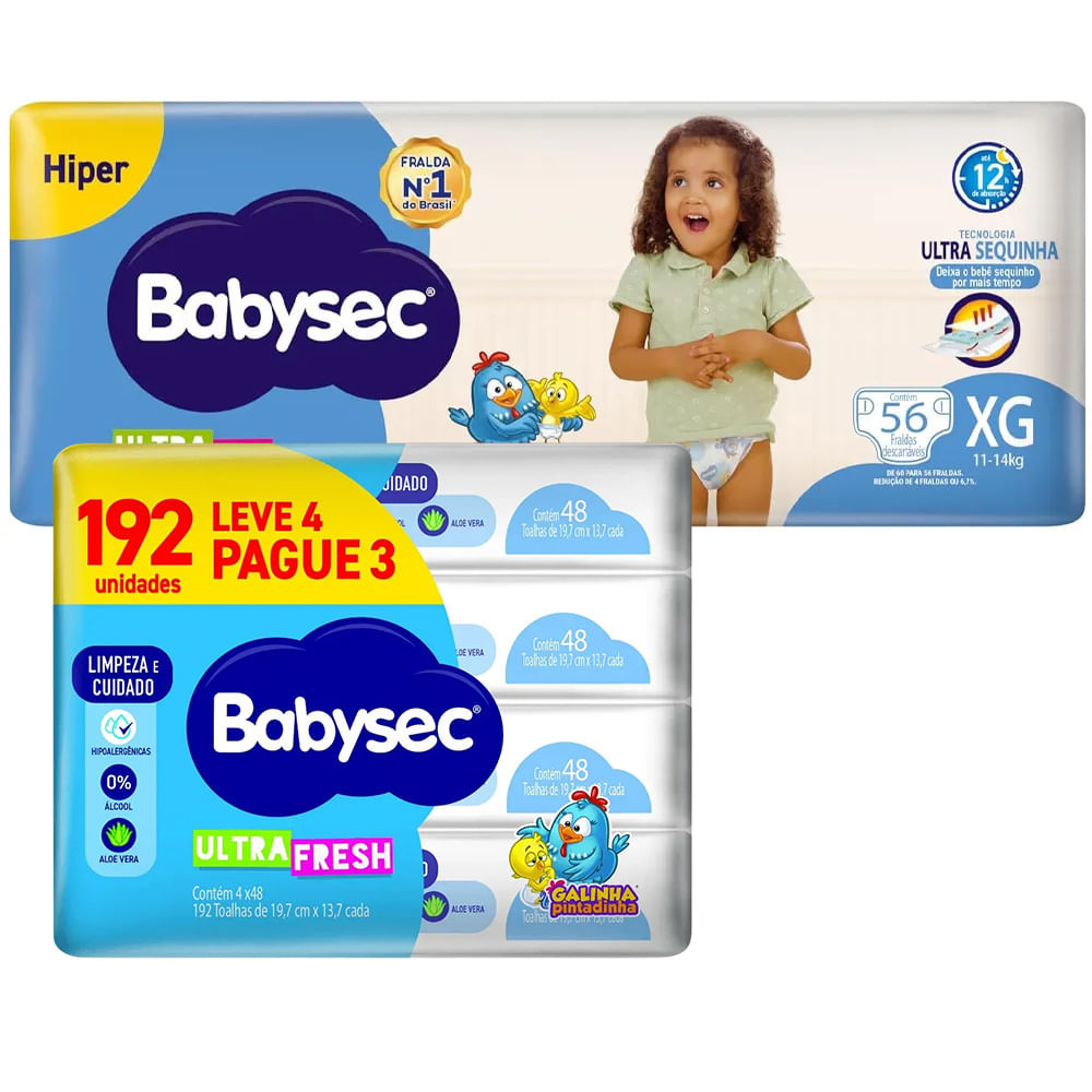 Kit Fralda Descartável Babysec Galinha Pintadinha XG + Toalha Umedecida 192 Unidades - Mom & Baby
