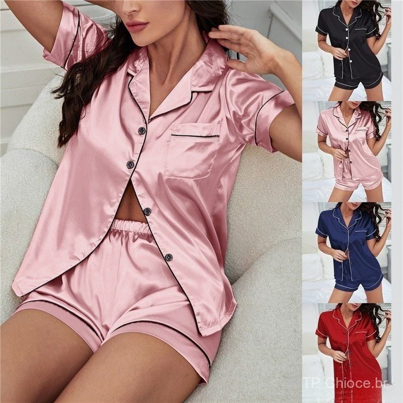 Conjuntos De Pijama De Seda Cetim Manga Curta Duas Peças Pijama Button-Down Plus Size M-2XL 010 ll nnn