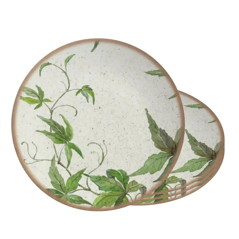 Jogo 4 Pratos de Sobremesa de Cerâmica Off White Coup Tropical Leaves Alleanza 20cm