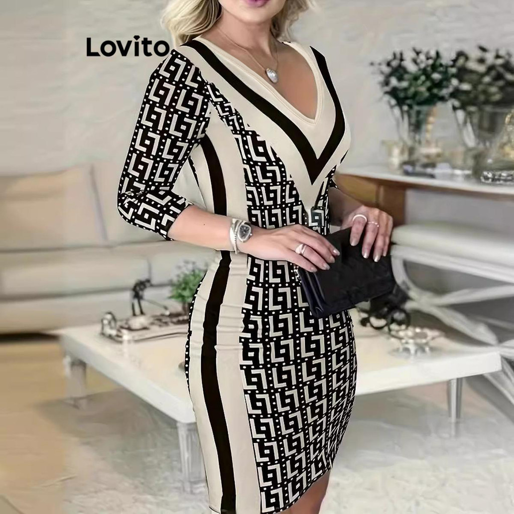 Lovito Vestido elegante geométrico colorblock para mulheres LNL67329 - Women Clothes