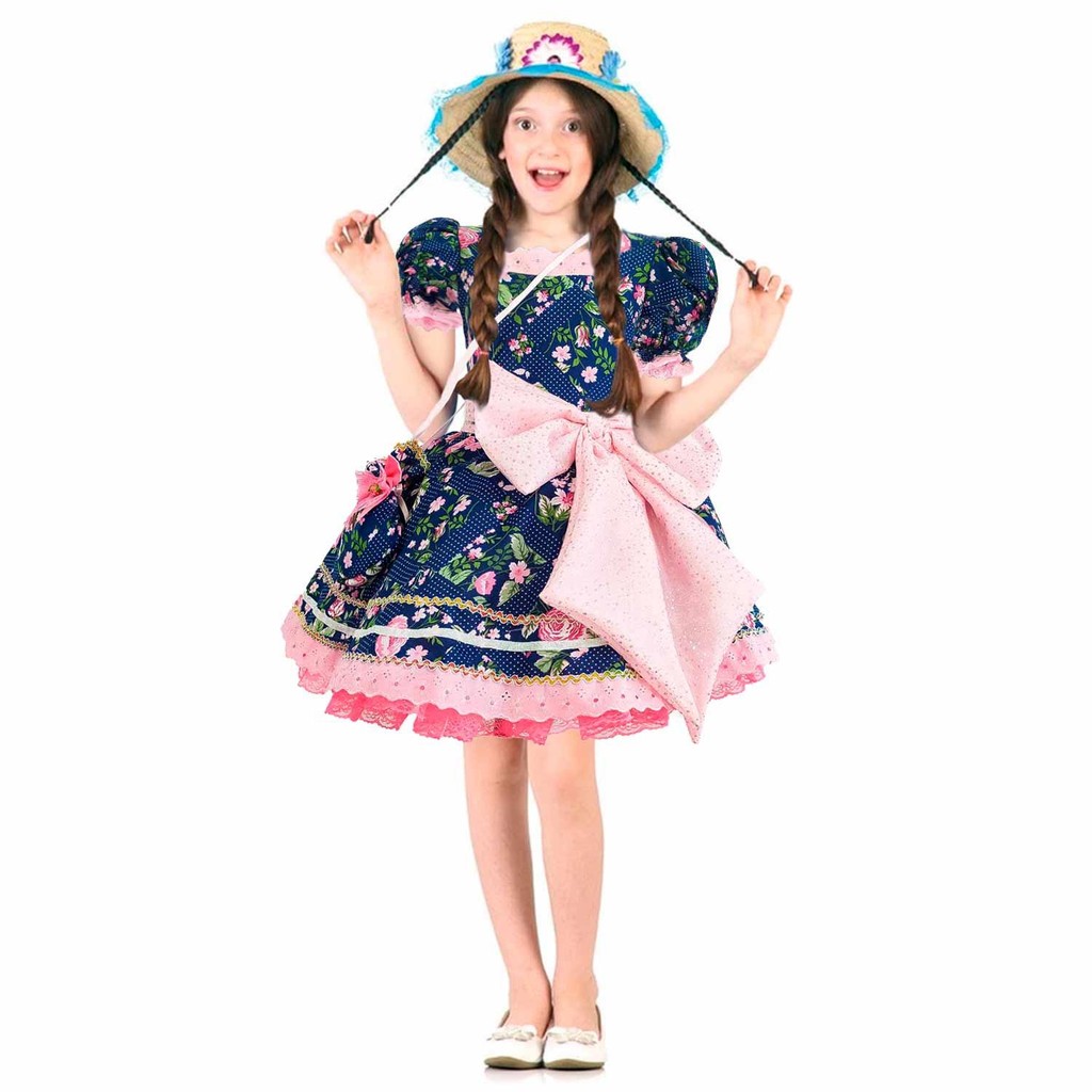 Fantasia Vestido Infantil de Festa Junina Caipirinha de Luxo Com Bolsinha Neon
