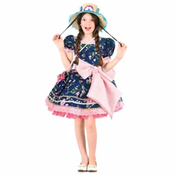 Fantasia Vestido Infantil de Festa Junina Caipirinha de Luxo Com Bolsinha Neon