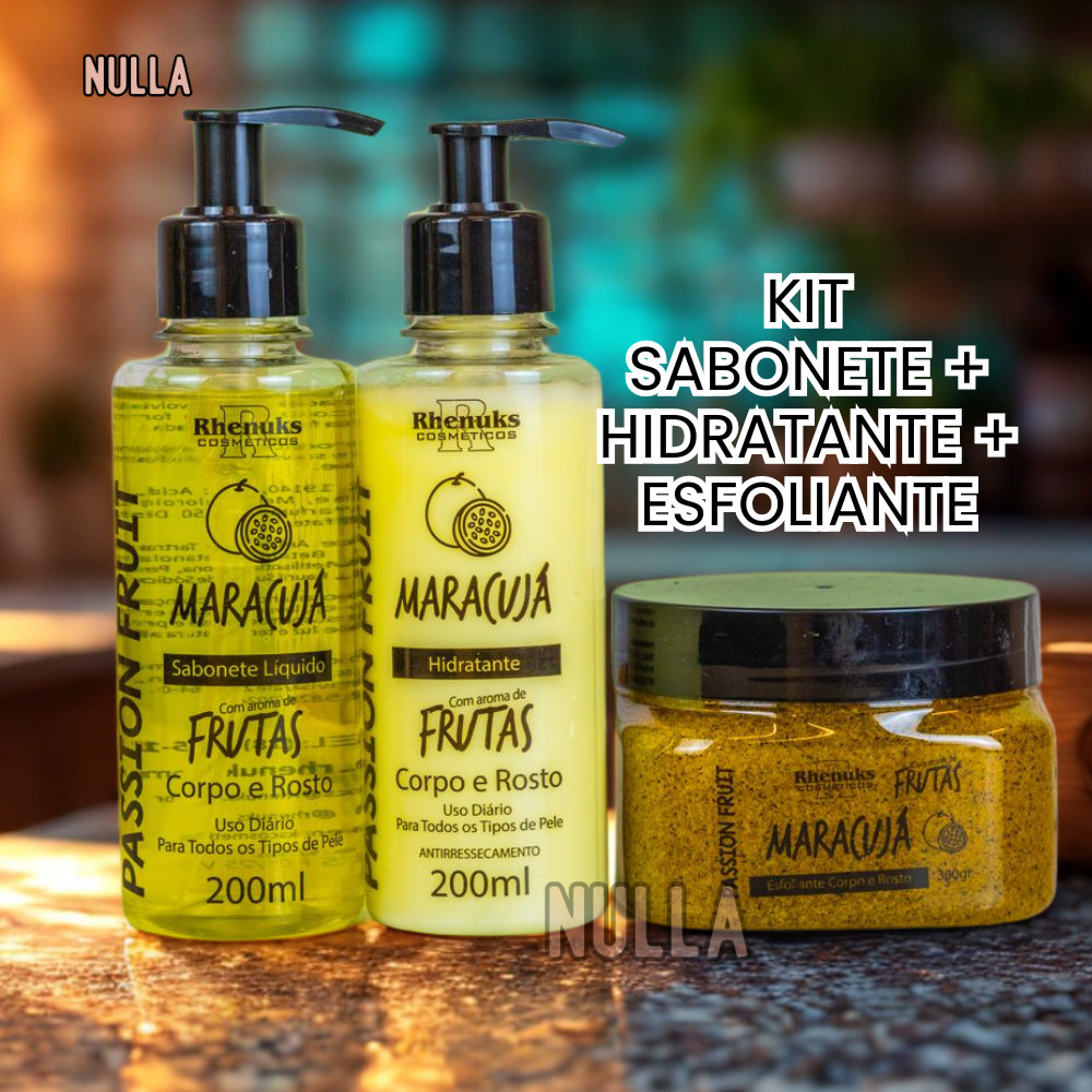 KIT SABONETE + HIDRATANTE + ESFOLIANTE MARACUJA CORPO E ROSTO RHENUKS em Oferta na Shopee