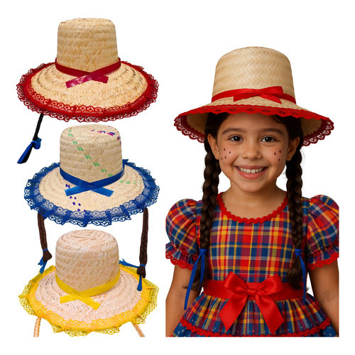Chapéu De Palha Festa Junina Infantil Menina Trança Festas típicas Julina São João Quadrilhas vestido cabelo trançado