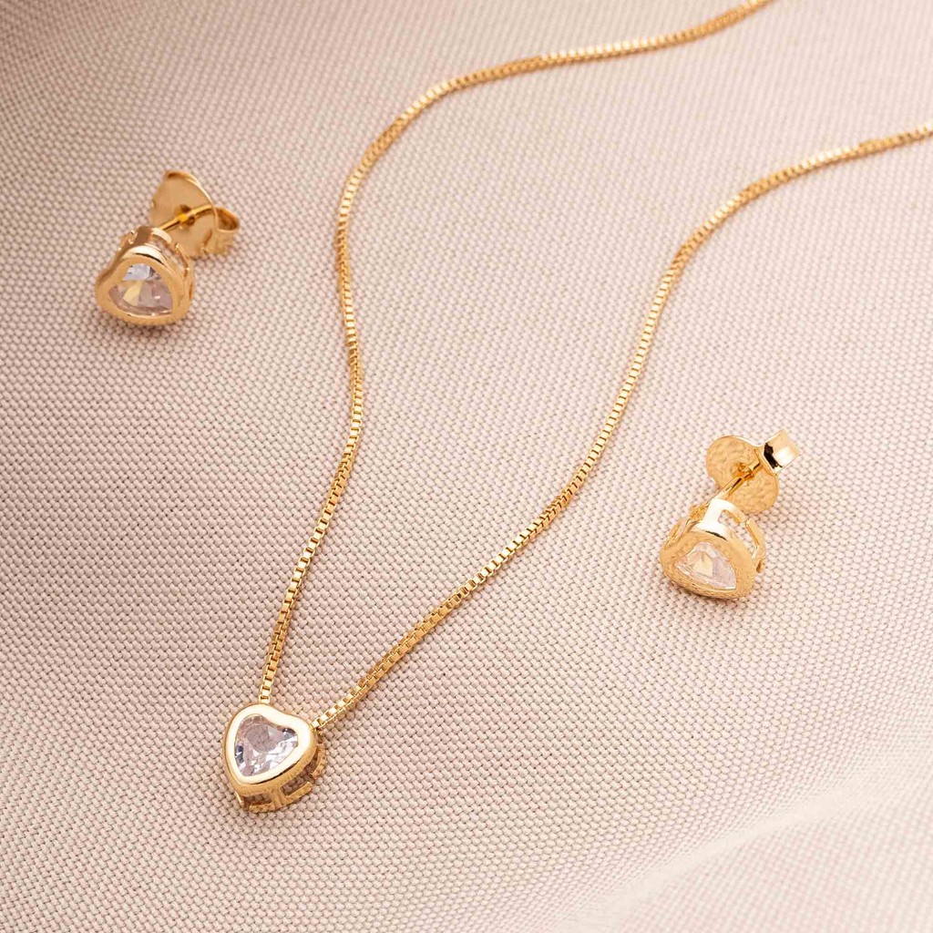Conjunto Brinco e Colar Coração Ponto de Luz Banhado Ouro, Semijoia