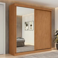Guarda-Roupa 2 Portas de Correr 2 Gavetas Easy Light com Espelho Amendoa Clean/off White/Amen