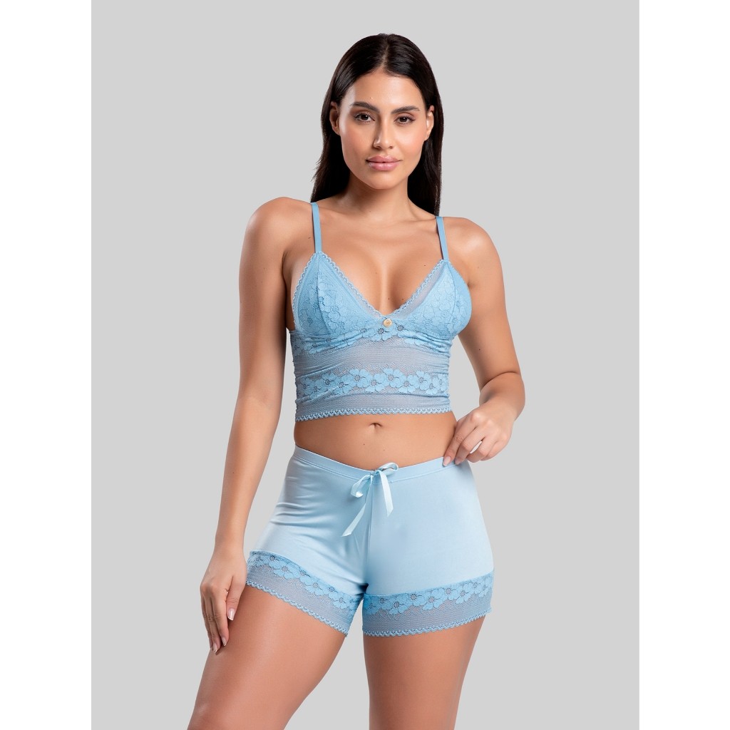 Pijama Short Doll Baby Doll Cropped Renda Feminino D encanto Microfibra Renda Tóquio