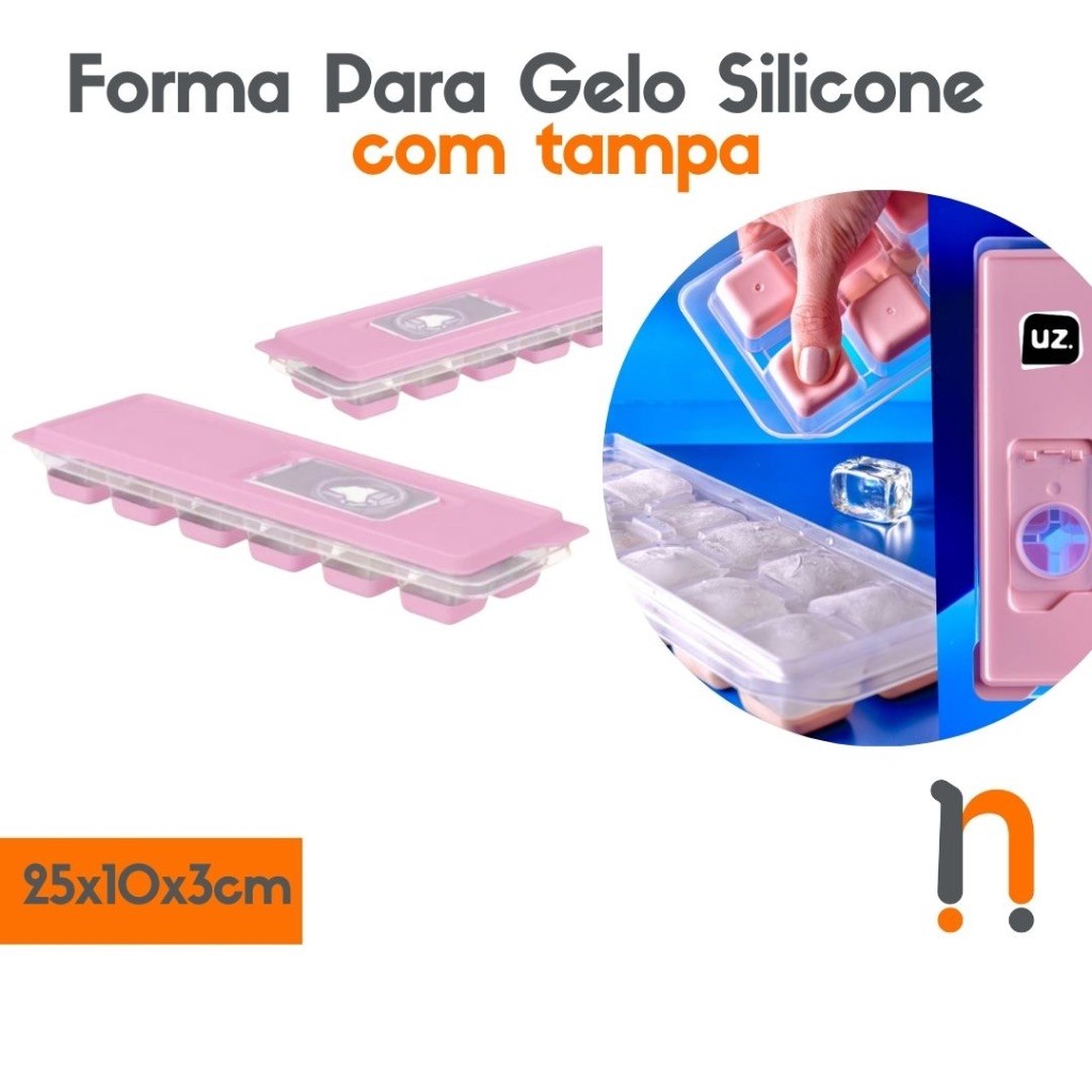 Forma de Gelo Silicone Com Tampa Enche Fácil Rosa e Cappuccino UZ Utilidades