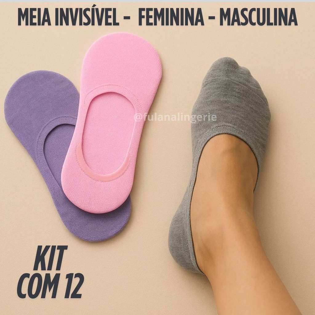 Kit 12 Pares Meia Sapatilha Ínvisivel Masculina e Feminina - Invisivel