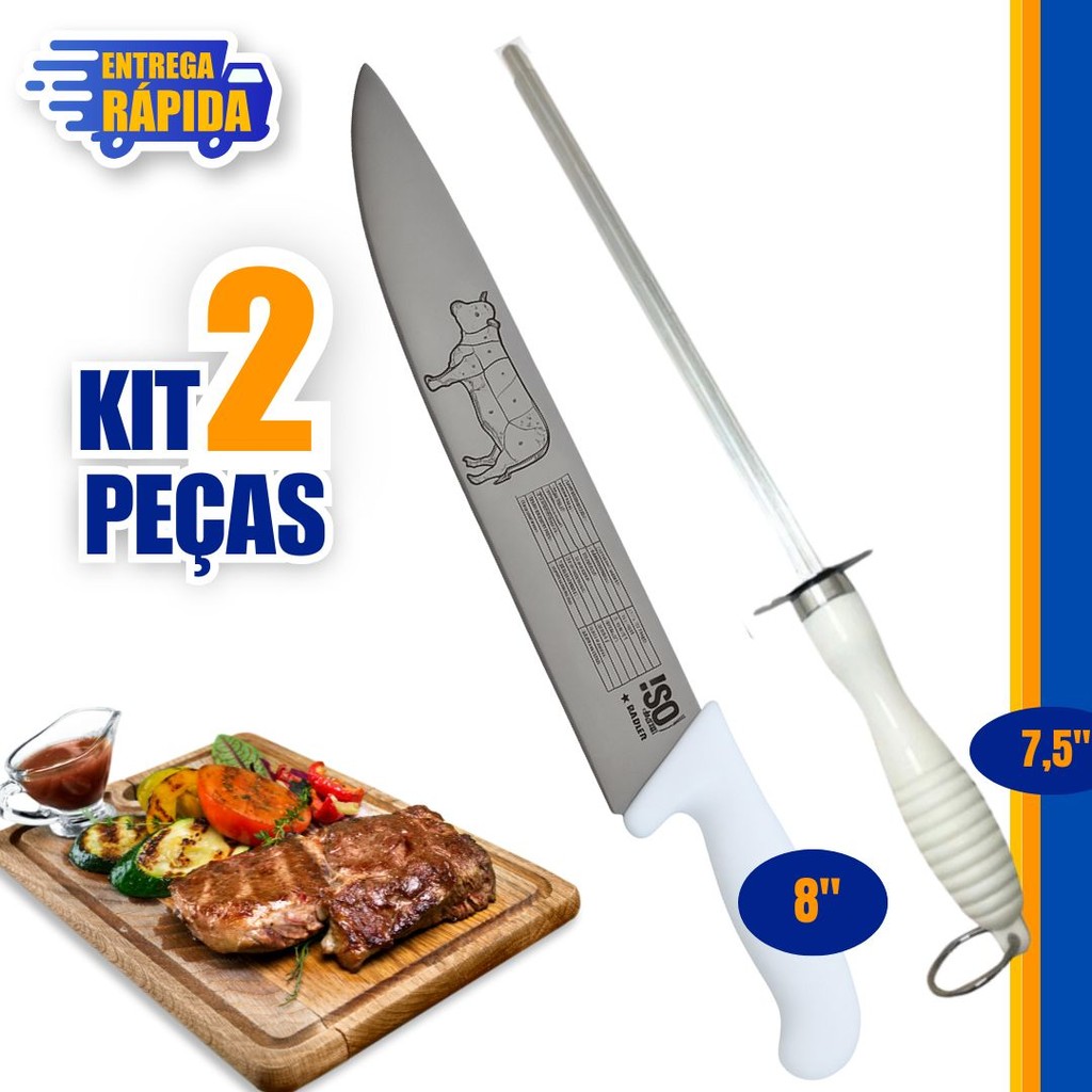 2 Peças 1 Faca Profissional 8'' Pol e 1 chaira 7,5 para açougue restaurante cozinha Churrasco buffet