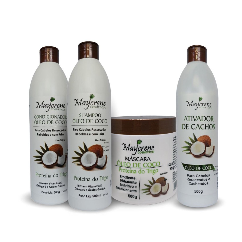 Kit Óleo De Coco Maycrene - Nutrição para os seus Cachos  (Shampoo, Condicionador, Mascara e Ativador de Cachos) 4x500