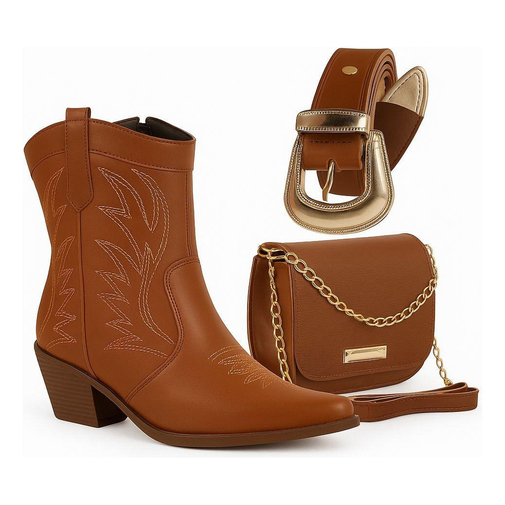 Kit Feminino Country Bota Texana + Bolsa + Cinto