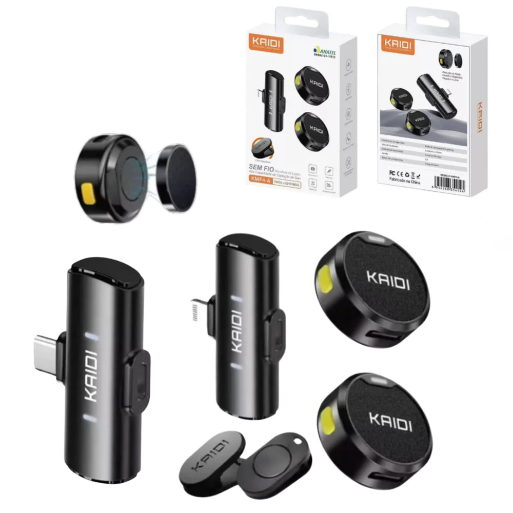 Microfone Lapela Sem Fio Duplo KAIDI Profissional  Tipo C Android E Iphone 11 AO 16 PROMAX S24 ULTRA