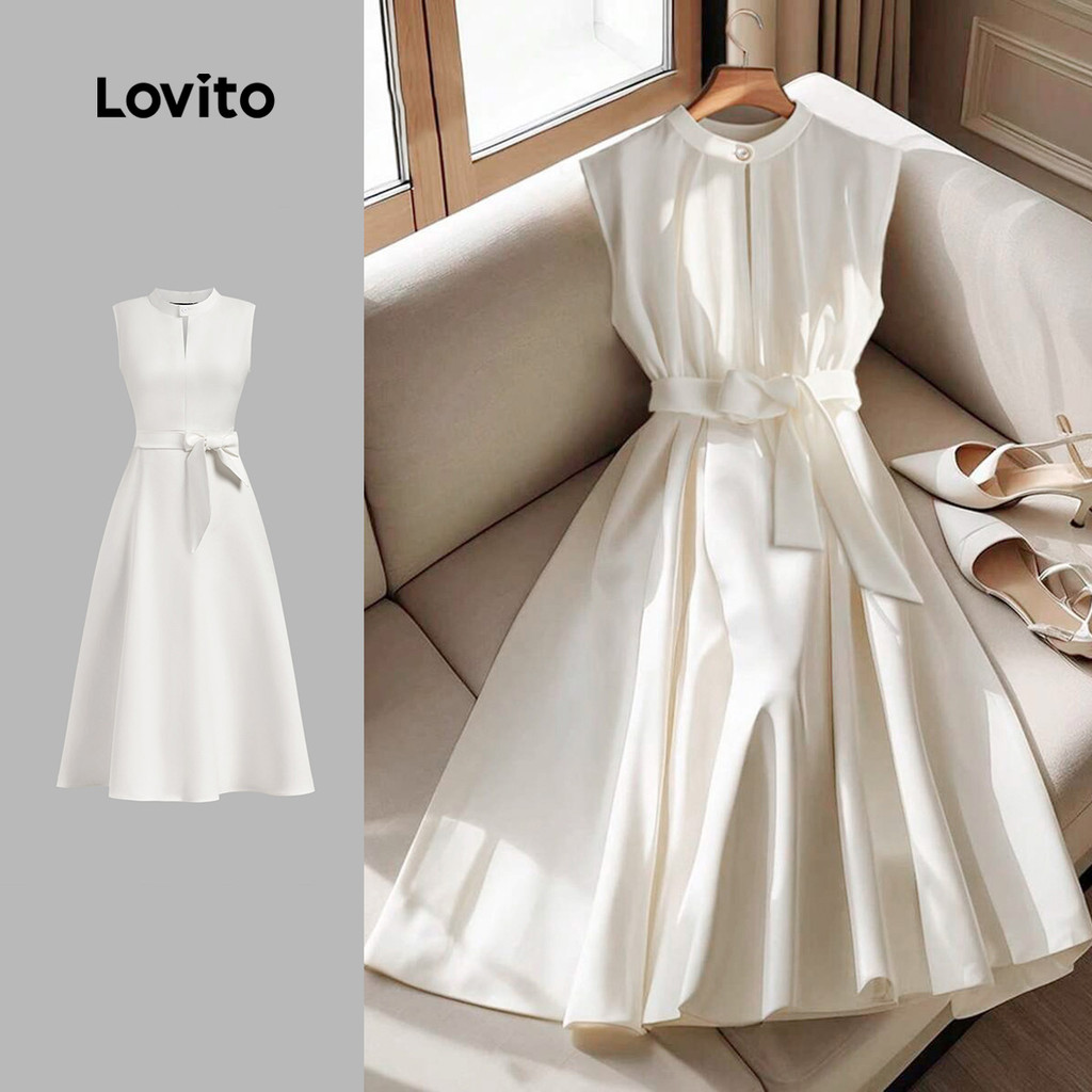 Lovito Vestido Branco Elegante Com Cinto E Botão Verão Primavera Para Mulheres L135ED290 - Women Clothes