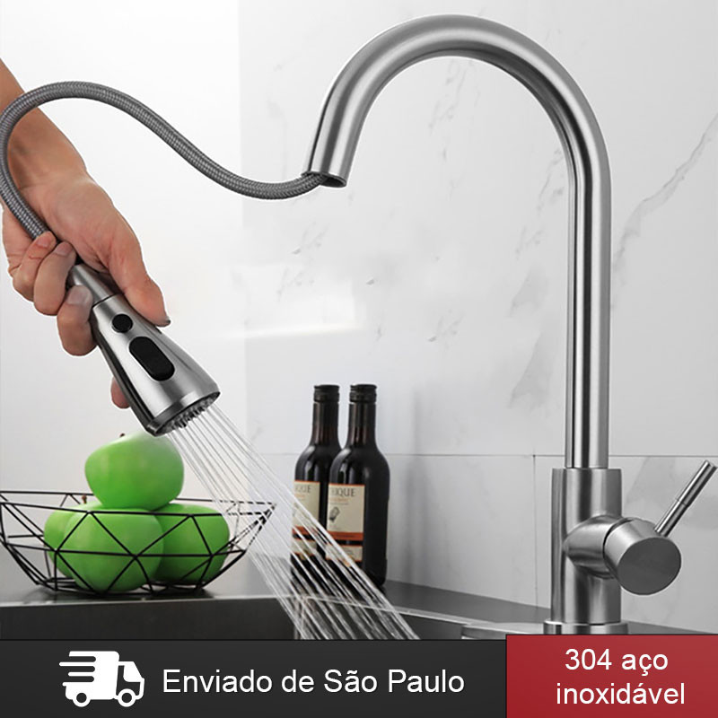 Torneira Cozinha Gourmet Misturador Monocomando Extensor Pull Down Ducha Spray Inox 304  escovado Luxo
