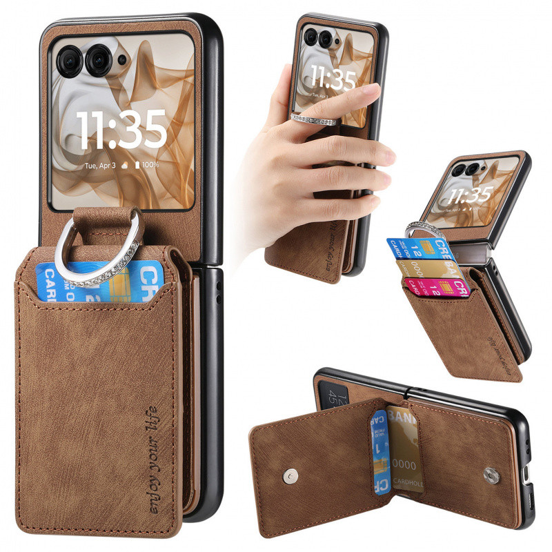 Luxo Retro PU Leather Wallet Card Slot Holder Ring Bracket Phone Case para Motor