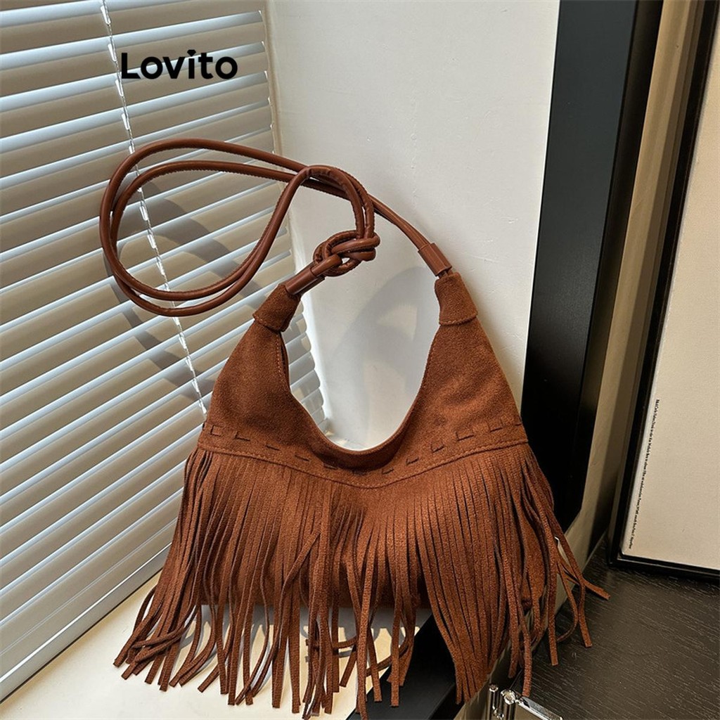 Lovito Bolsa de ombro pequena Casual com borla lisa de grande capacidade para férias para mulheres LFA68221 - Women Bags