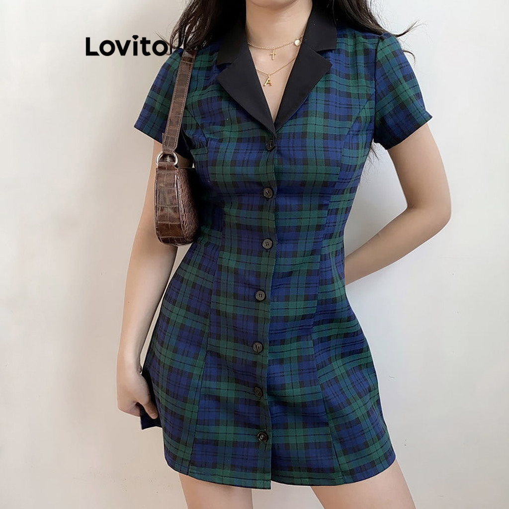 (Trendy) Lovito Vestido casual xadrez com gola contrastante para mulheres L94AD182 - Women Clothes