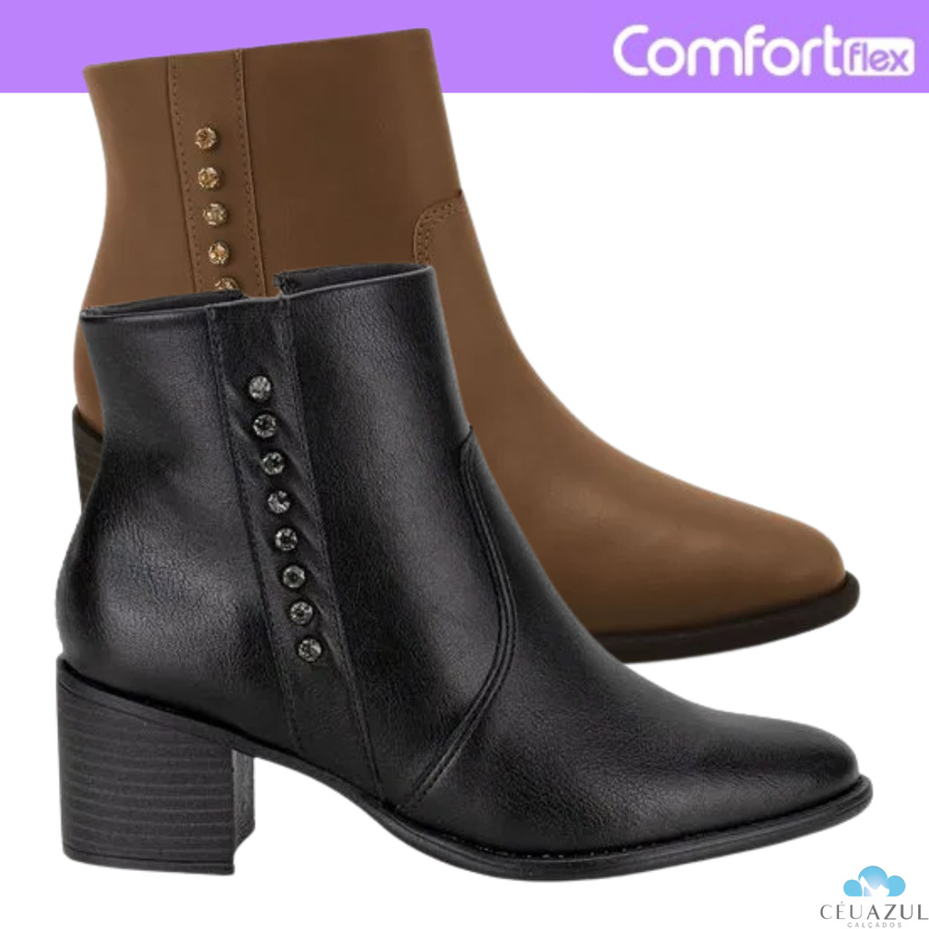 Bota Feminina Comfortflex Salto Médio Tachas Confortável Elegante em Oferta na Shopee