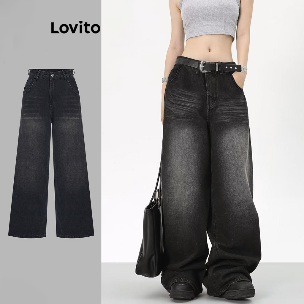 Lovito Jeans casual simples com lavagem crua para mulheres 102AD449 - Women Clothes