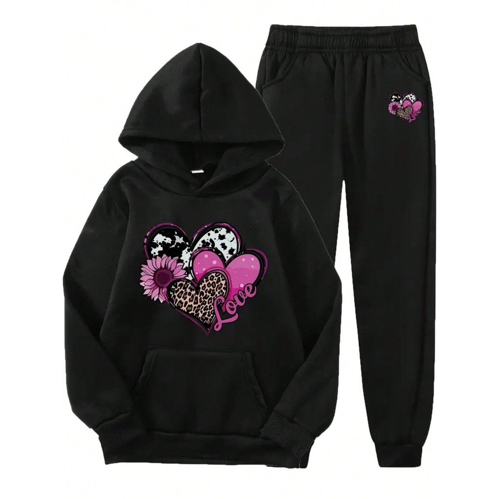 Conjunto Moletom Blusa e Calça De Frio Casual Roupa de 2pçs Infantil para Meninas Estampa Personalizada De Coraçao