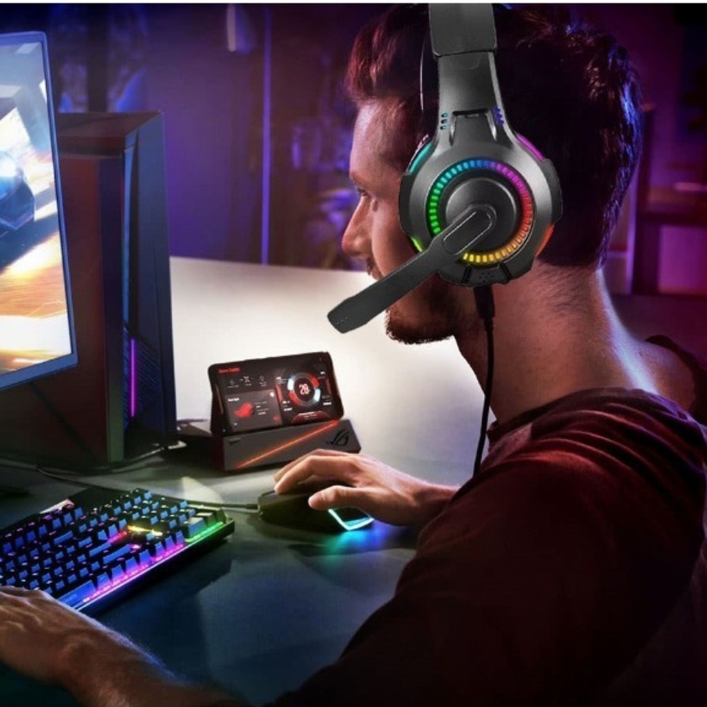 Fone De Ouvido Headset Gamer com Fio Profissional Preto Led Rgb PC USB P2/P3 XBOX PS4 Vídeogame