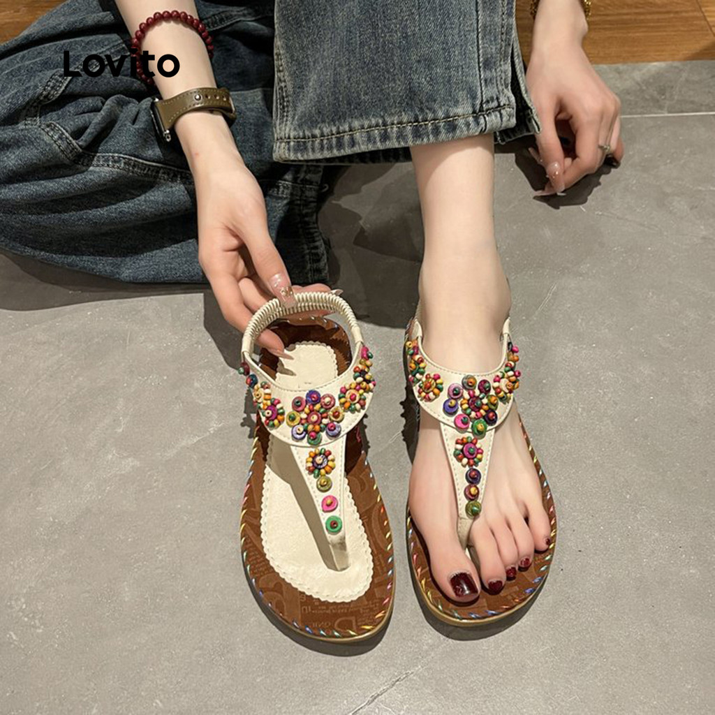 Lovito Boho liso frisado estilo étnico boêmio roupas de viagem praia Slip Ons para mulheres  LFA64214 - Women Shoes