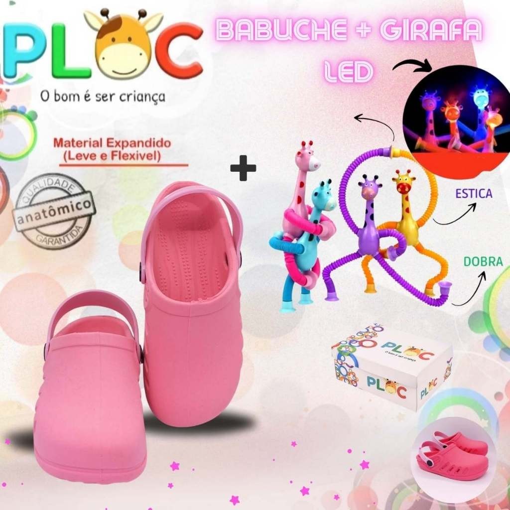 Kit Divertido Ploc - Babuche Rosa + Girafa Ploc LED Estica e Puxa MENINA
