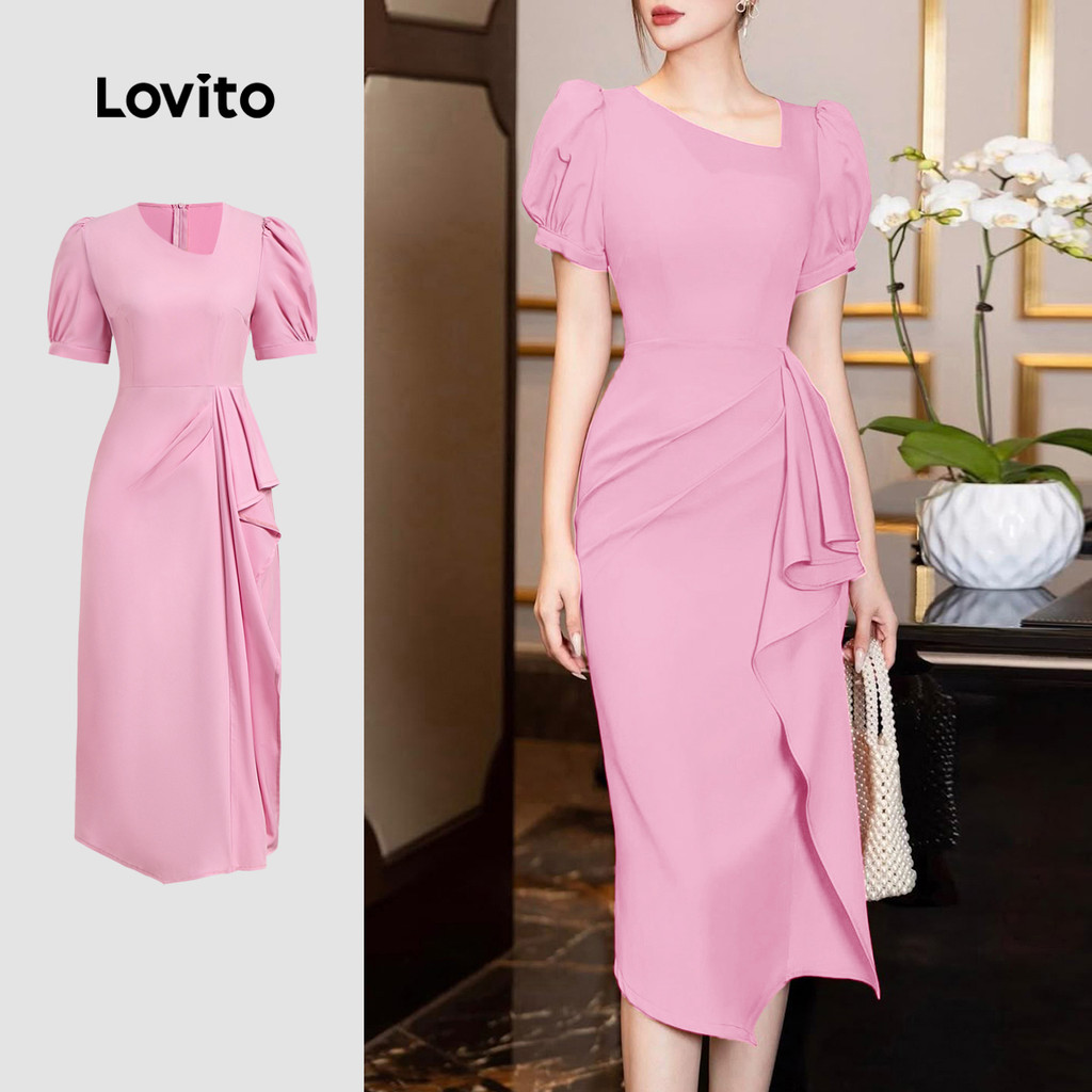 Lovito Elegante Liso Assimétrico Babado Bainha Verão Primavera Vestido Rosa Para Mulheres L135ED328 em Oferta na Shopee