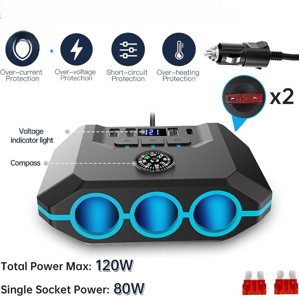 Adaptador Dispensador De Isqueiro Universal 3 Soquete Cigarro 120W Do Carro 3 * USB 1 * Porta C Carregador De