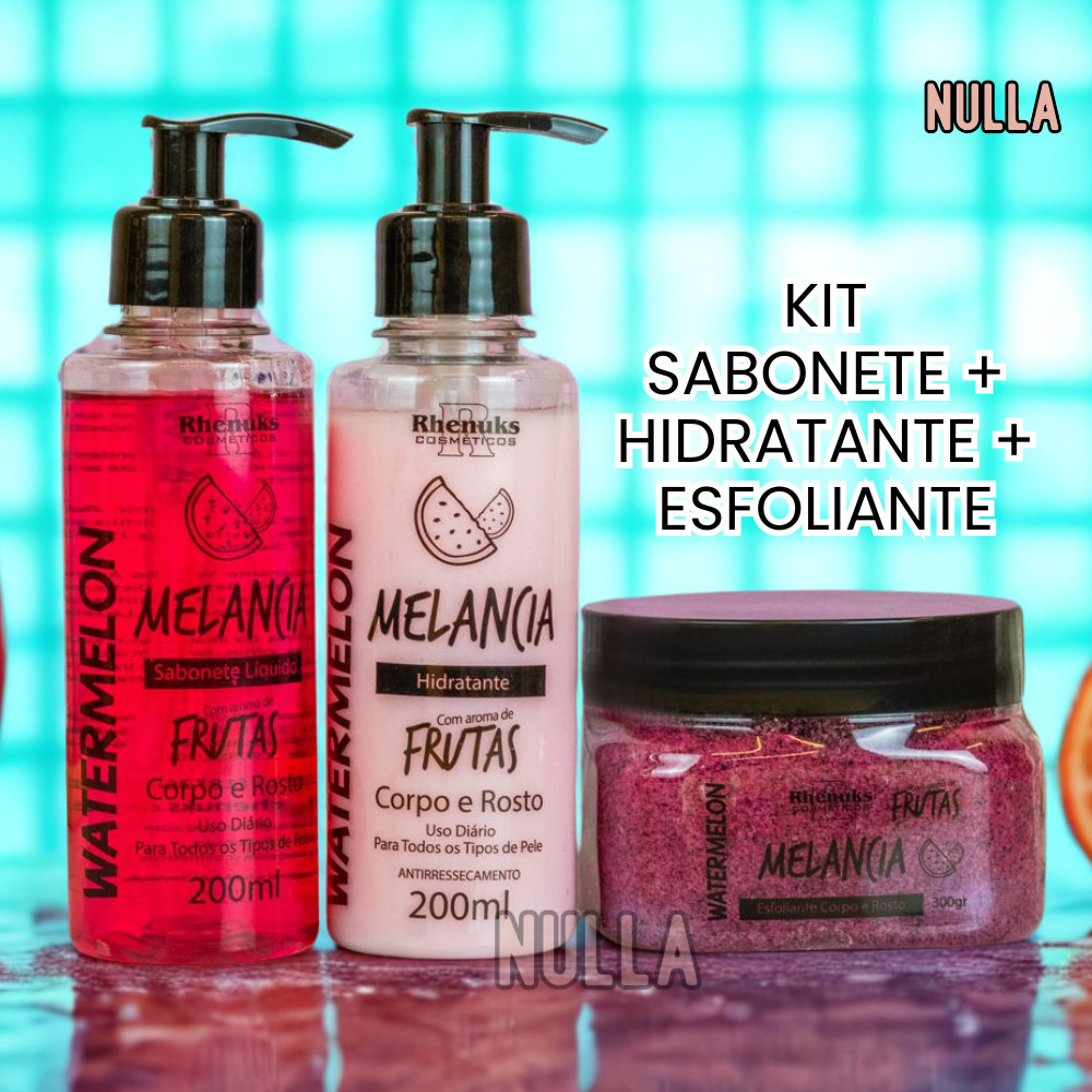 KIT SABONETE + HIDRATANTE + ESFOLIANTE MELANCIA CORPO E ROSTO RHENUKS em Oferta na Shopee