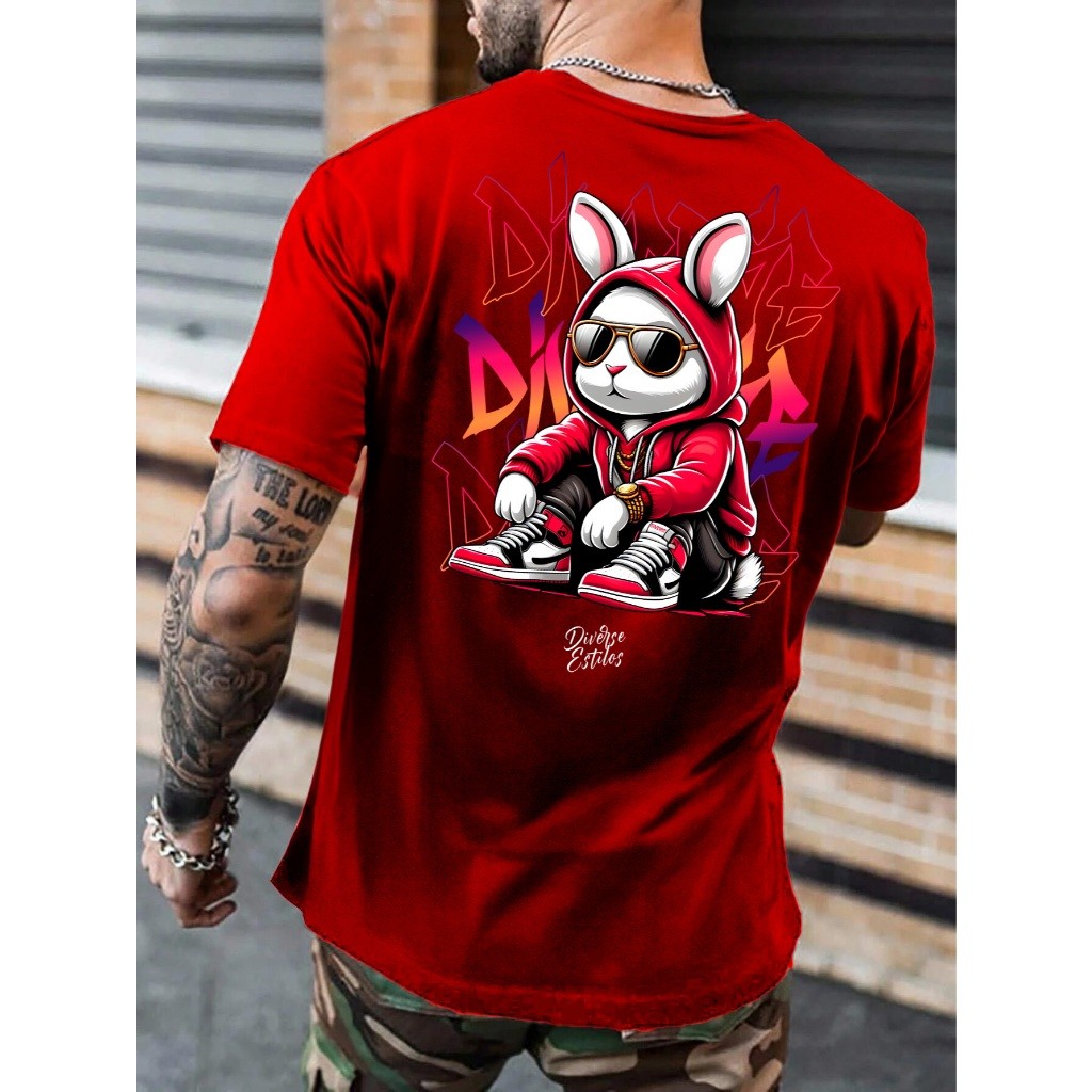 Camiseta Masculina Coelho Bunny Estampada Streetwear Algodão Oversized Casual Urbana Confortável Moderna